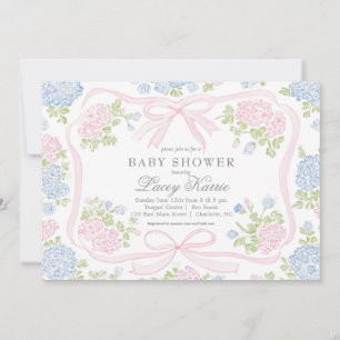 Roze en blauwe bloemige babyshower uitnodiging,  kaart