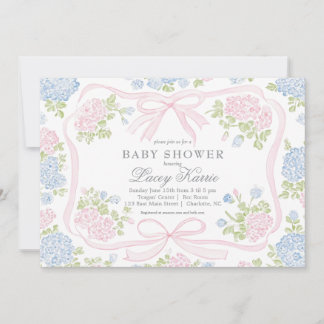 Roze en blauwe bloemige babyshower uitnodiging,  kaart