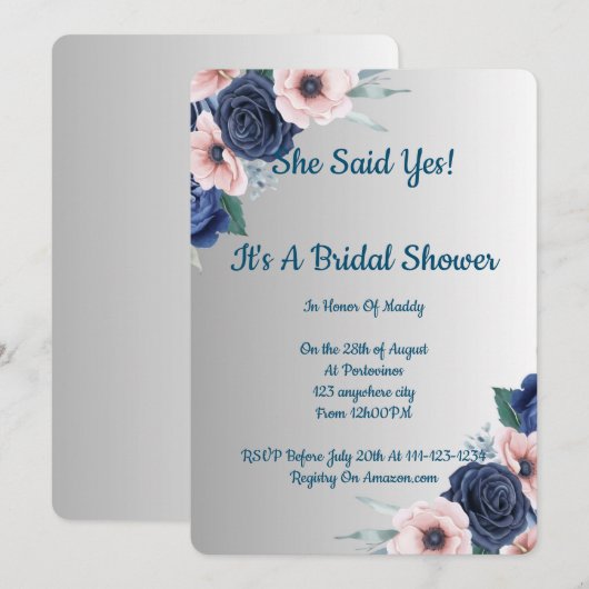 Roze en blauwe bloemige bruidsdouche save the date (Voorkant / Achterkant)