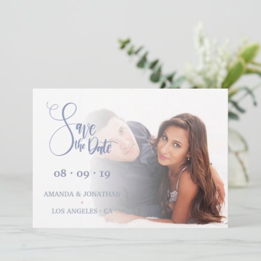 Roze en blauwe bloemige bruiloft Sparen de foto va Save The Date (Staand voorkant)