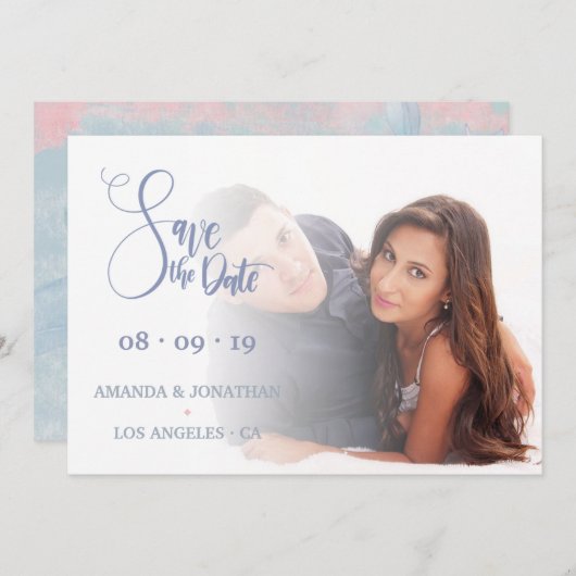 Roze en blauwe bloemige bruiloft Sparen de foto va Save The Date (Voorkant / Achterkant)