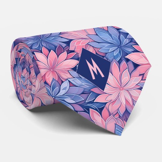 Roze en Blauwe Bloemige Monogram Stropdas (Opgerold)