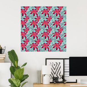 Roze en Blauwe Bloemige Naadloos Patroon Poster