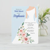 Roze en blauwe bloemjurk douche uitnodiging (Staand voorkant)