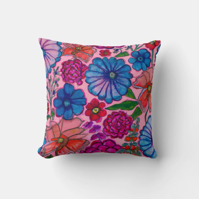 Roze en blauwe bloemontwerp kussen (Voorkant)
