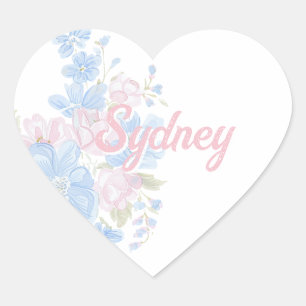 Roze en Blauwe Bloemrijke Grandmillennial Naam Hart Sticker