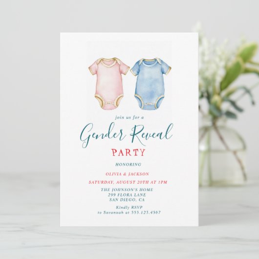 Roze en Blauwe Bodysuits Gender Reveal Party Kaart (Staand voorkant)