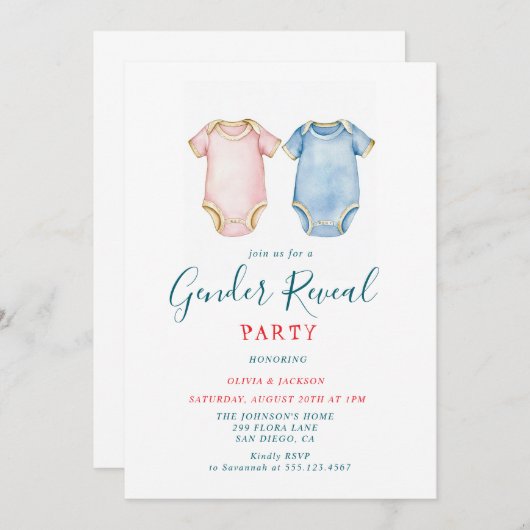 Roze en Blauwe Bodysuits Gender Reveal Party Kaart (Voorkant / Achterkant)