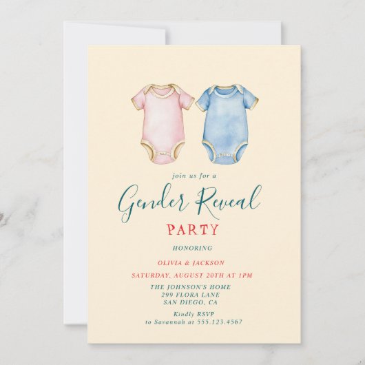 Roze en Blauwe Bodysuits Gender Reveal Party Kaart (Voorkant)