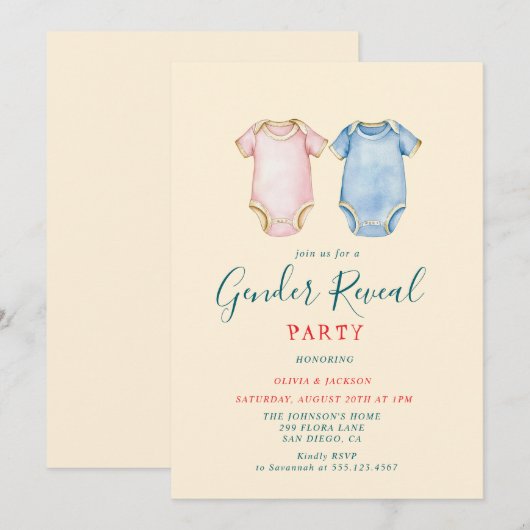 Roze en Blauwe Bodysuits Gender Reveal Party Kaart (Voorkant / Achterkant)