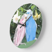 Roze en Blauwe Boedgerigar en Witte Angel Trumpets Grote Klok (Hoek)