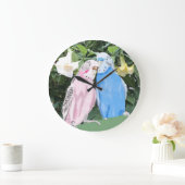 Roze en Blauwe Boedgerigar en Witte Angel Trumpets Grote Klok (Huis)