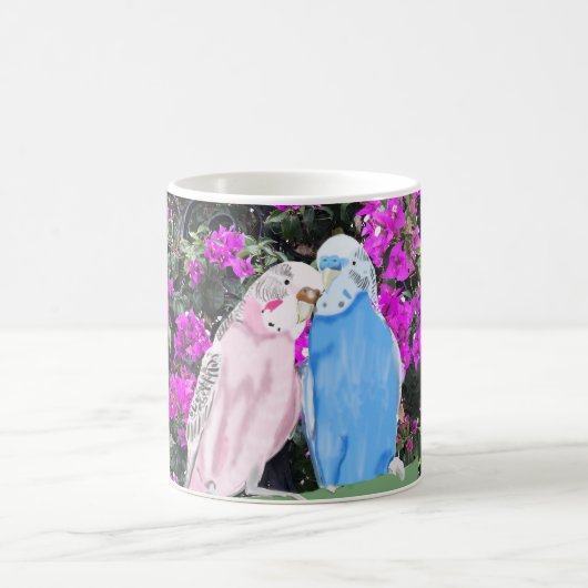 Roze en blauwe boedgies tegen roze Bougainvillea Koffiemok (Center)