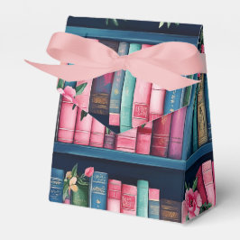 Roze en blauwe boeken en bloemen op boekenplank bedankdoosjes
