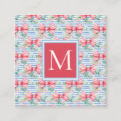 Roze en Blauwe Bogen Bloemen en Strepen Monogram Informatiekaartje (Voorkant)