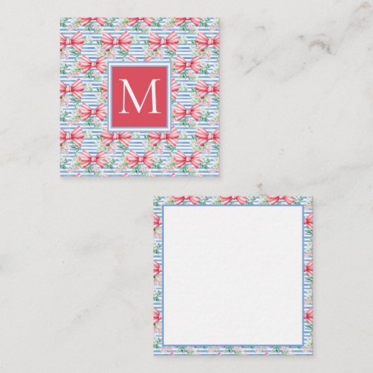 Roze en Blauwe Bogen Bloemen en Strepen Monogram Informatiekaartje (Voorkant / Achterkant)