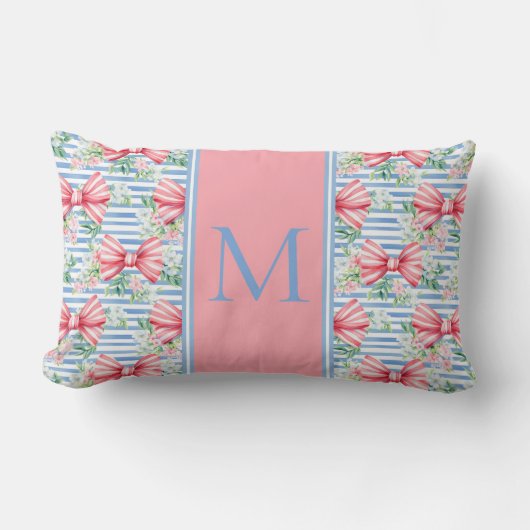 Roze en Blauwe Bogen Bloemen en Strepen Monogram Kussen (Voorkant)
