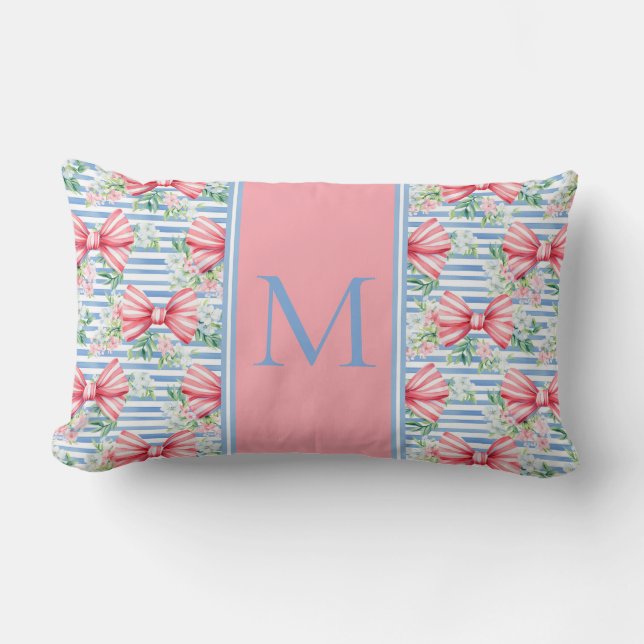 Roze en Blauwe Bogen Bloemen en Strepen Monogram Kussen (Voorkant)