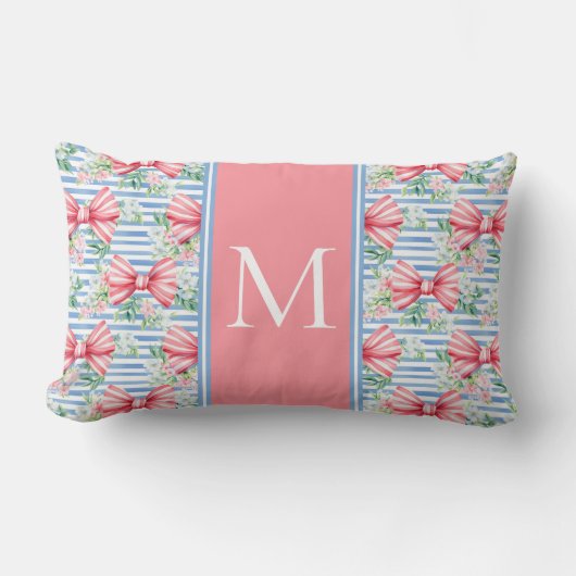 Roze en Blauwe Bogen Bloemen en Strepen Monogram Kussen (Voorkant)