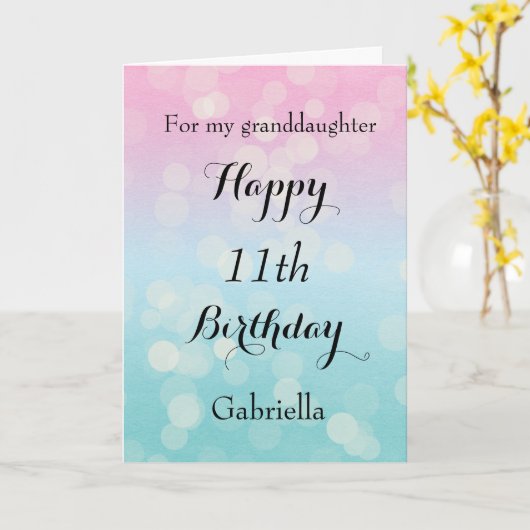 Roze en Blauwe Bokeh 11e Verjaardag Kleindochter Kaart (Gele Bloem)