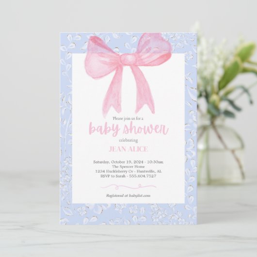 Roze en blauwe boog baby shower uitnodiging (Staand voorkant)