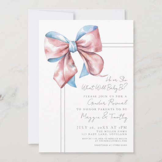 Roze en Blauwe Bow Gender Reveal Party Invitation Kaart (Voorkant)