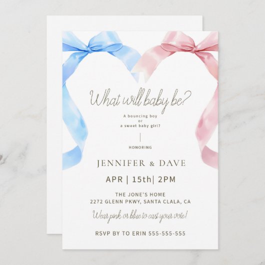 Roze en Blauwe Bow Gender Reveal Uitnodiging (Voorkant / Achterkant)