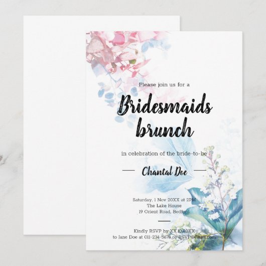 Roze en blauwe bridesmaïden Brunch Shower Invitati Kaart (Voorkant / Achterkant)