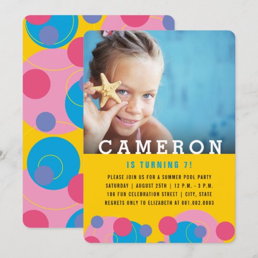 Roze en Blauwe Bubbels Foto Meisje Verjaardagsfees Kaart (Voorkant / Achterkant)