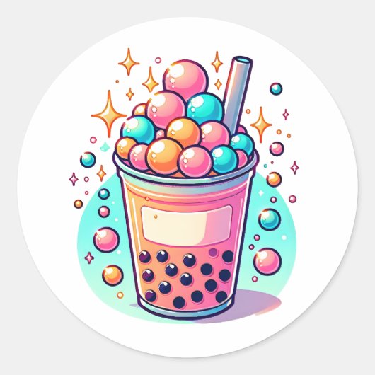 Roze en Blauwe Bubble Thee Ronde Sticker (Voorkant)