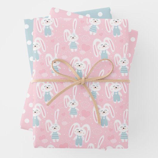 Roze en blauwe bunny Rabbit Wrapping Paper Set van (In situ)