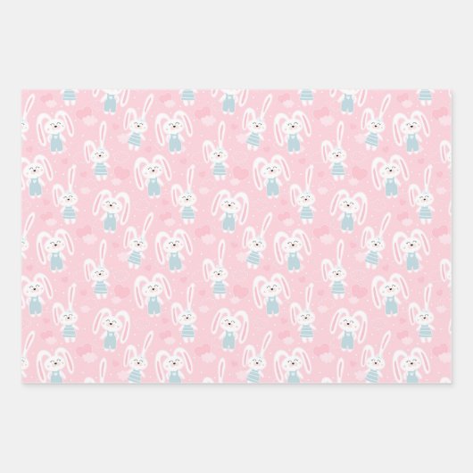 Roze en blauwe bunny Rabbit Wrapping Paper Set van (Voorkant)