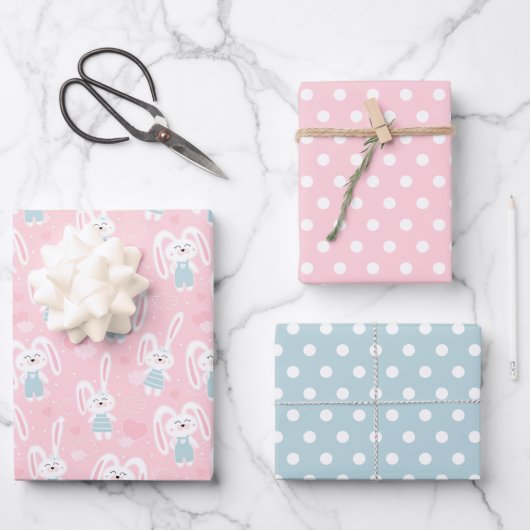 Roze en blauwe bunny Rabbit Wrapping Paper Set van (Voorkant)