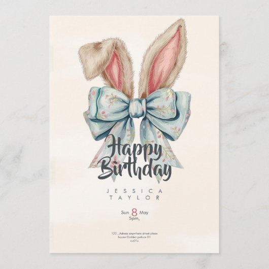 Roze en blauwe Bunny strik Verjaardagsuitnodiging Kaart (Voorkant)