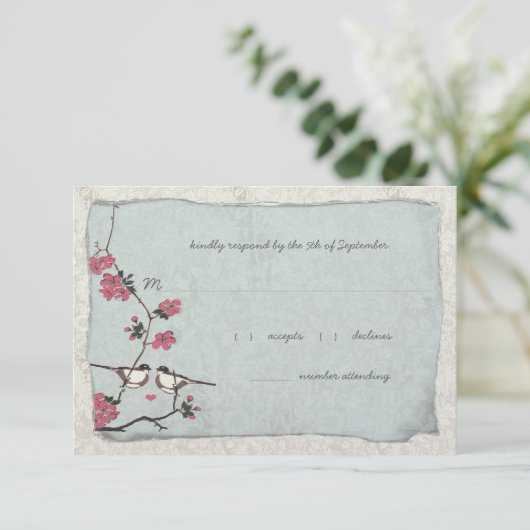 Roze en Blauwe Cherry Blossom Chickadee RSVP (Staand voorkant)