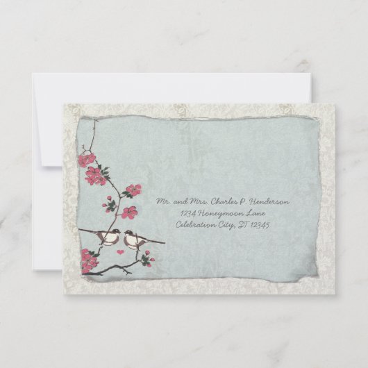 Roze en Blauwe Cherry Blossom Chickadee RSVP (Achterkant)