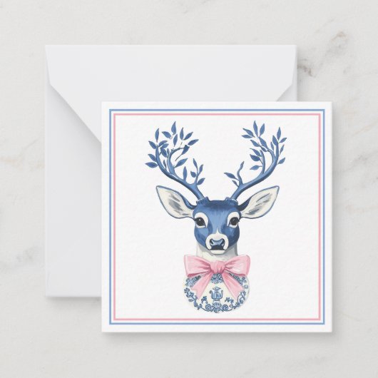 Roze en Blauwe Chinoiserie Deer Head Notitiekaartje (Voorkant)