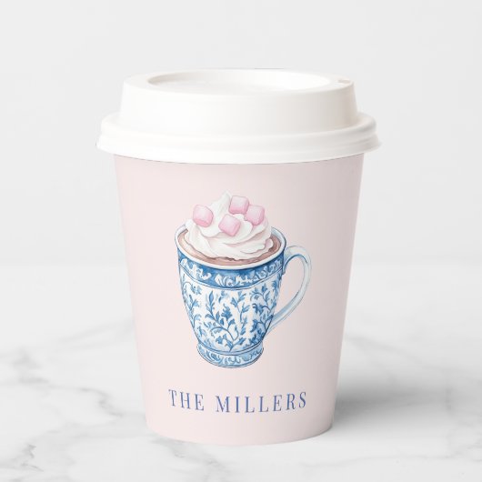 Roze en Blauwe Chinoiserie Hot Cocoa Mok Papieren Bekers (Voorkant)