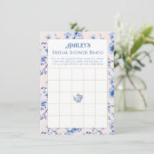 Roze en Blauwe Chinoiserie Vrijgezellenfeest Bingo Informatiekaartje (Staand voorkant)
