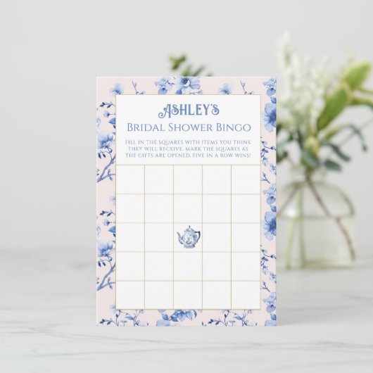 Roze en Blauwe Chinoiserie Vrijgezellenfeest Bingo Informatiekaartje (Staand voorkant)