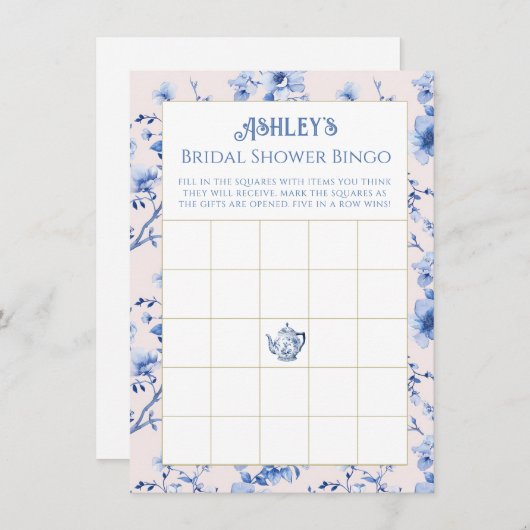 Roze en Blauwe Chinoiserie Vrijgezellenfeest Bingo Informatiekaartje (Voorkant / Achterkant)