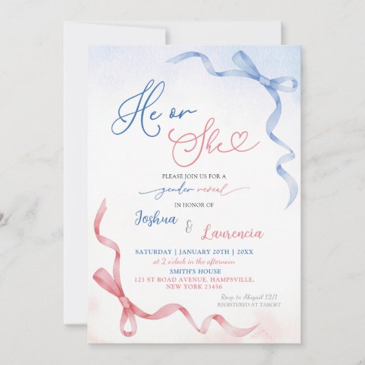 Roze en Blauwe Coquette Bow Gender Reveal Kaart (Voorkant)