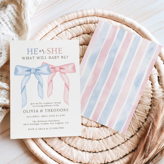 Roze en Blauwe Coquette Bow Gender Reveal Party Kaart