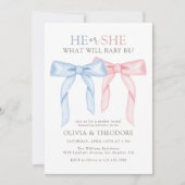 Roze en Blauwe Coquette Bow Gender Reveal Party Kaart (Voorkant)