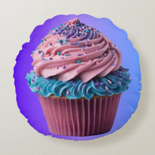 Roze en Blauwe Cupcake met Glazuur Rond Kussen