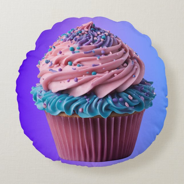 Roze en Blauwe Cupcake met Glazuur Rond Kussen (Voorkant)