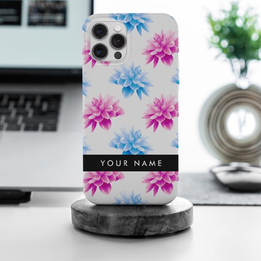 Roze en Blauwe Dahlia, Bloemenpatroon, Jouw naam Case-Mate iPhone Case