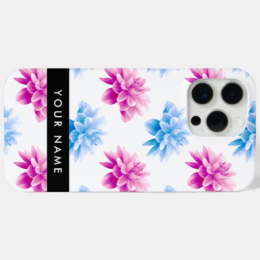 Roze en Blauwe Dahlia, Bloemenpatroon, Jouw naam Case-Mate iPhone Case (Achterkant (horizontaal))