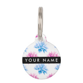 Roze en Blauwe Dahlia, Bloemenpatroon, Jouw naam Huisdierpenning