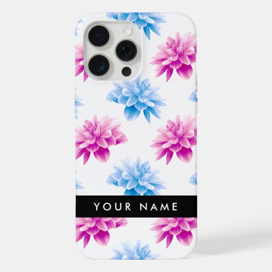 Roze en Blauwe Dahlia, Bloemenpatroon, Jouw naam iPhone Hoesje (Achterkant)
